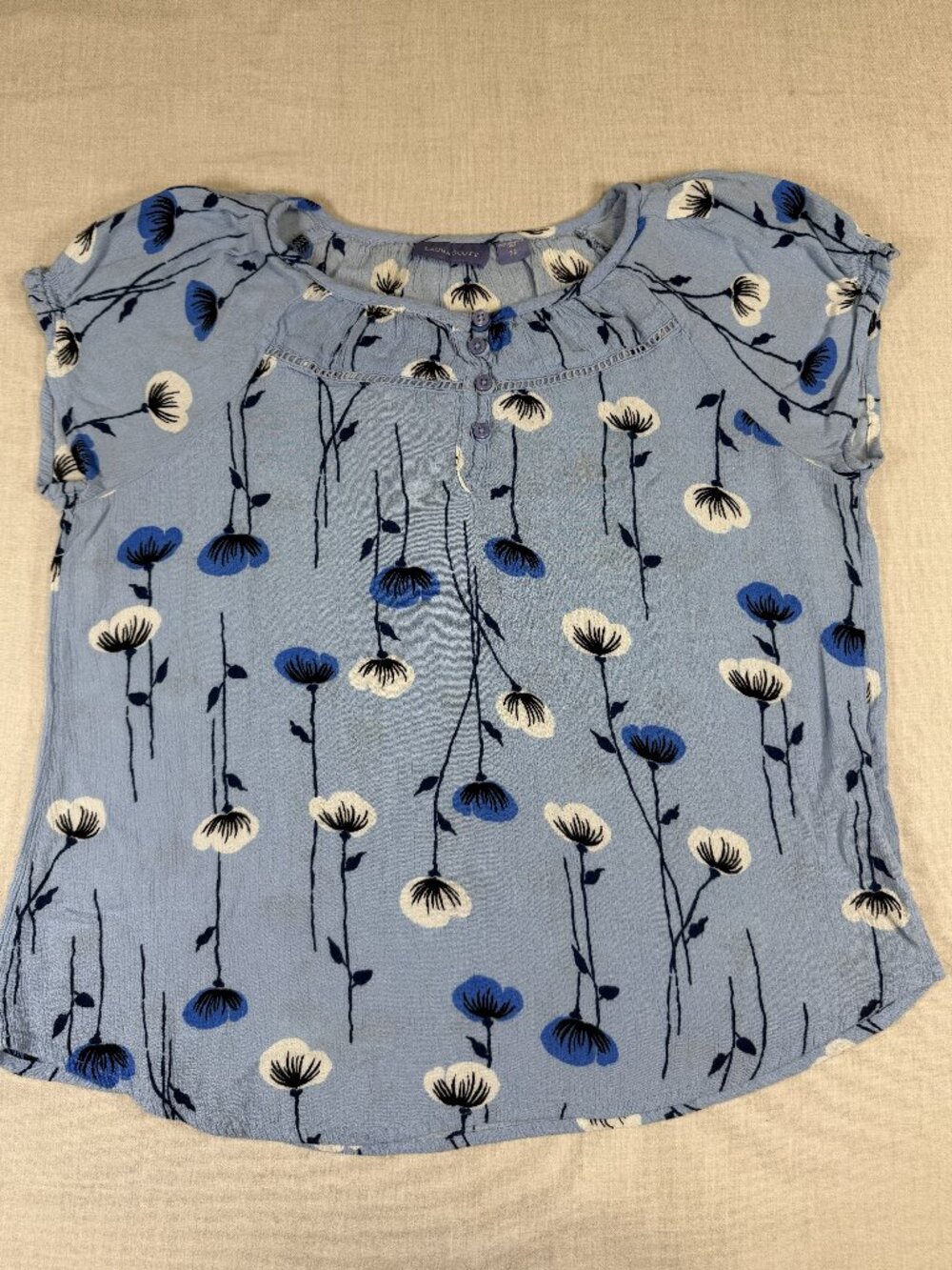 Laura Scott Blue Floral Blouse S Cottagecore Romantic Flowy Button Front Top
